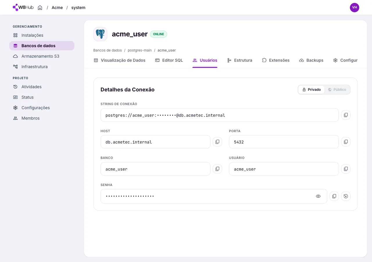 Aba Usuários de uma conta de banco PostgreSQL na W8 Hub: string de conexão pronta, host, porta, banco, usuário e senha, com as abas Visualização de Dados, Editor SQL, Usuários, Estrutura, Extensões, Backups e Configurações.